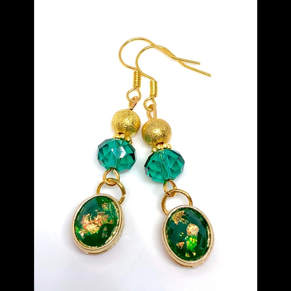Green Gold Dichroic Acrylic Emerald Crystal Stardust Metal Upcycled Earrings 2”